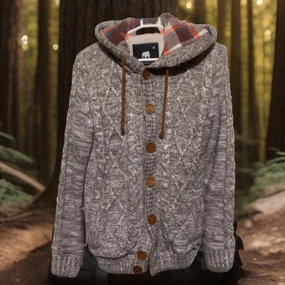Gray Cable Knit Hoodie Jacket with Plaid Lining Sz M